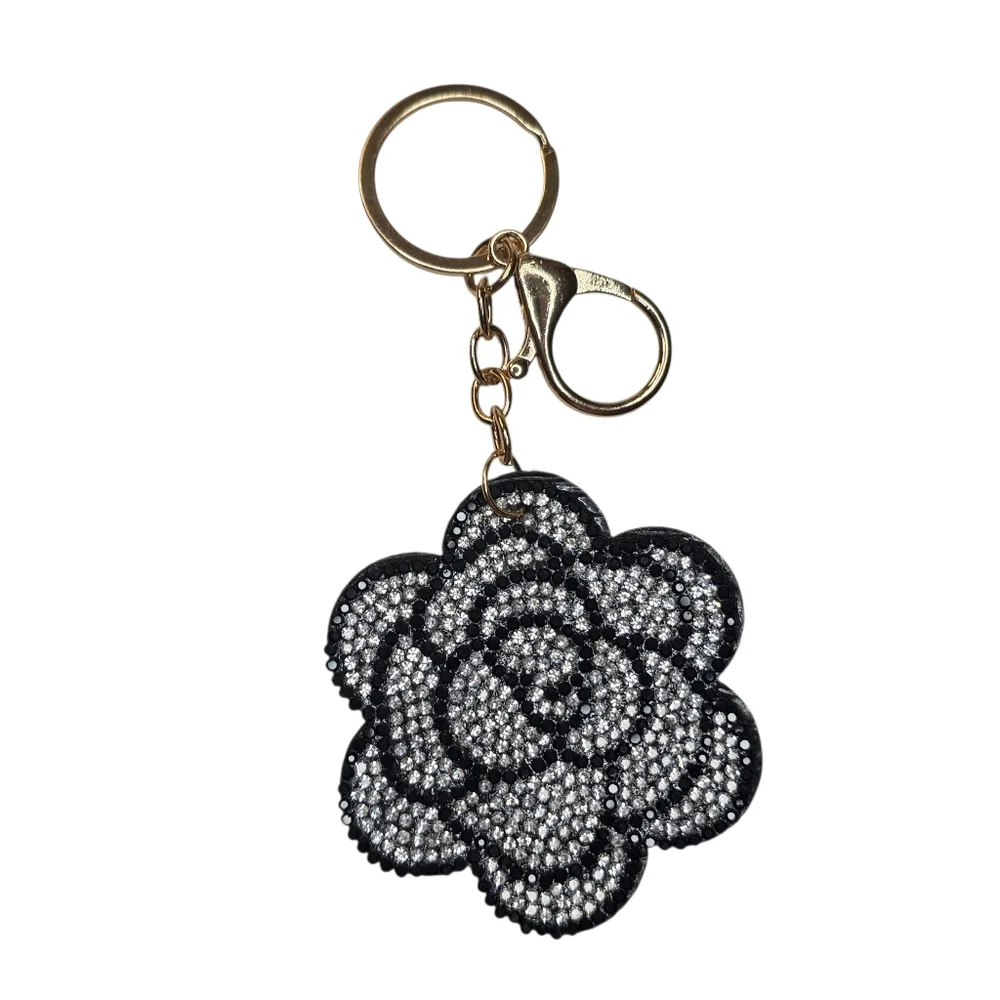 Camellia Flower Bag Charm Keychain Black & Silver Rhinestone Crystal Embellished